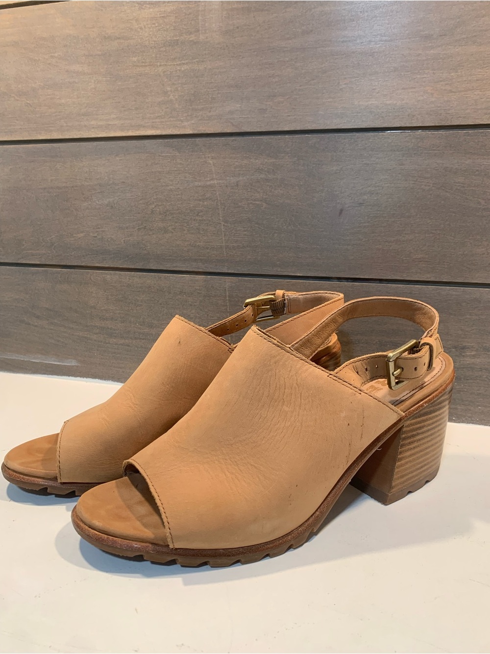 Sorel Tan Leather Open-Toe Block Heel Sandals